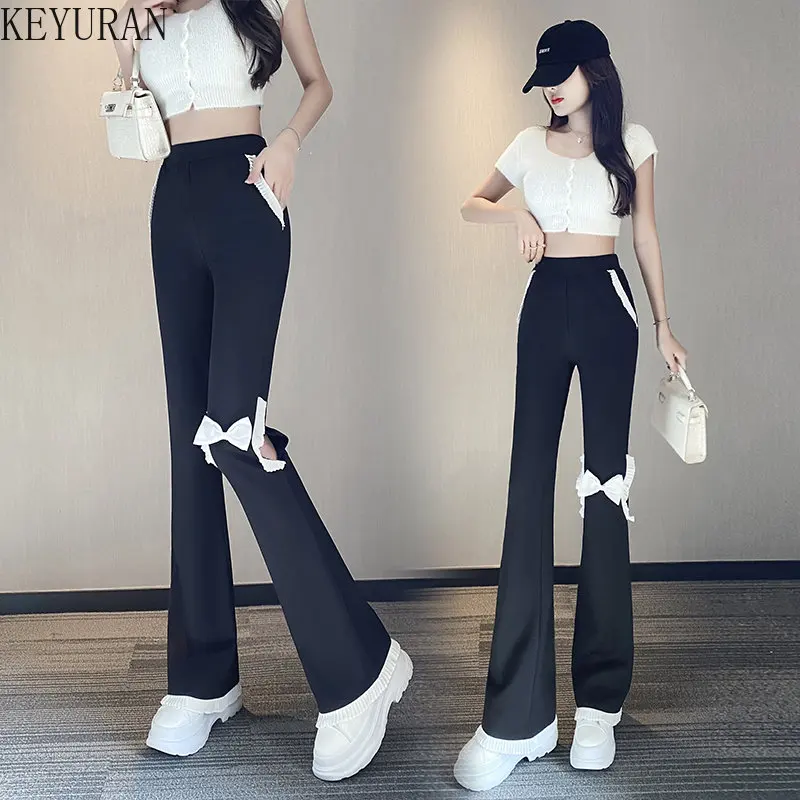 

2023 Summer Black High-Waisted Flared Pants Women Korean Style High Street Slim Hollow Out Bow Sexy Casual Long Trousers Mujer