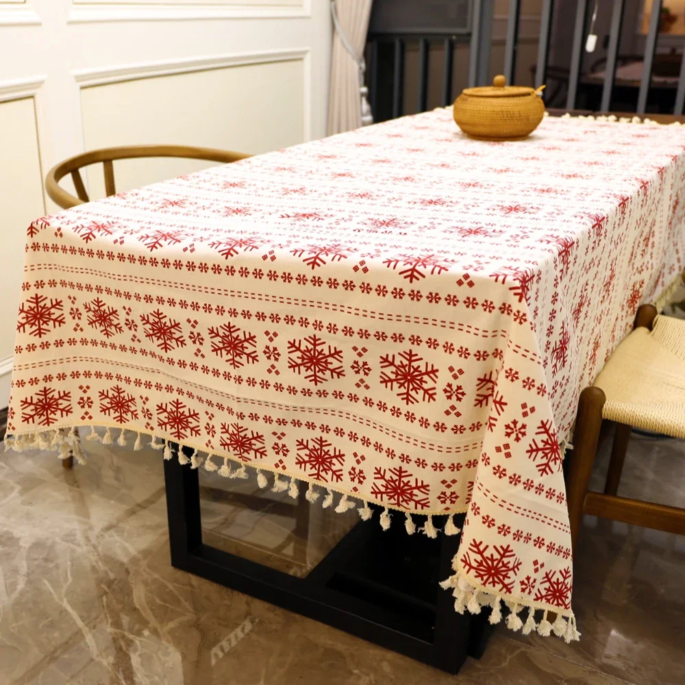 

Mulit Size Thickened White Cotton Linen Tablecloth Tassel Rectangular Snowflake Tablecloth Christma Decor Home Dinning Table Hot