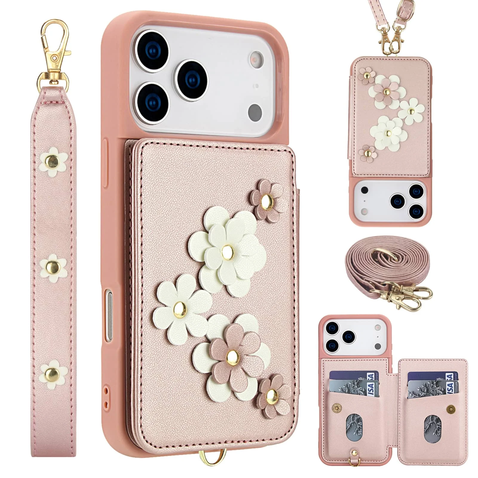 Stylish Flower Design Crossbody Wallet Case with Card Holder & Magnetic Kickstand - Shockproof Protection