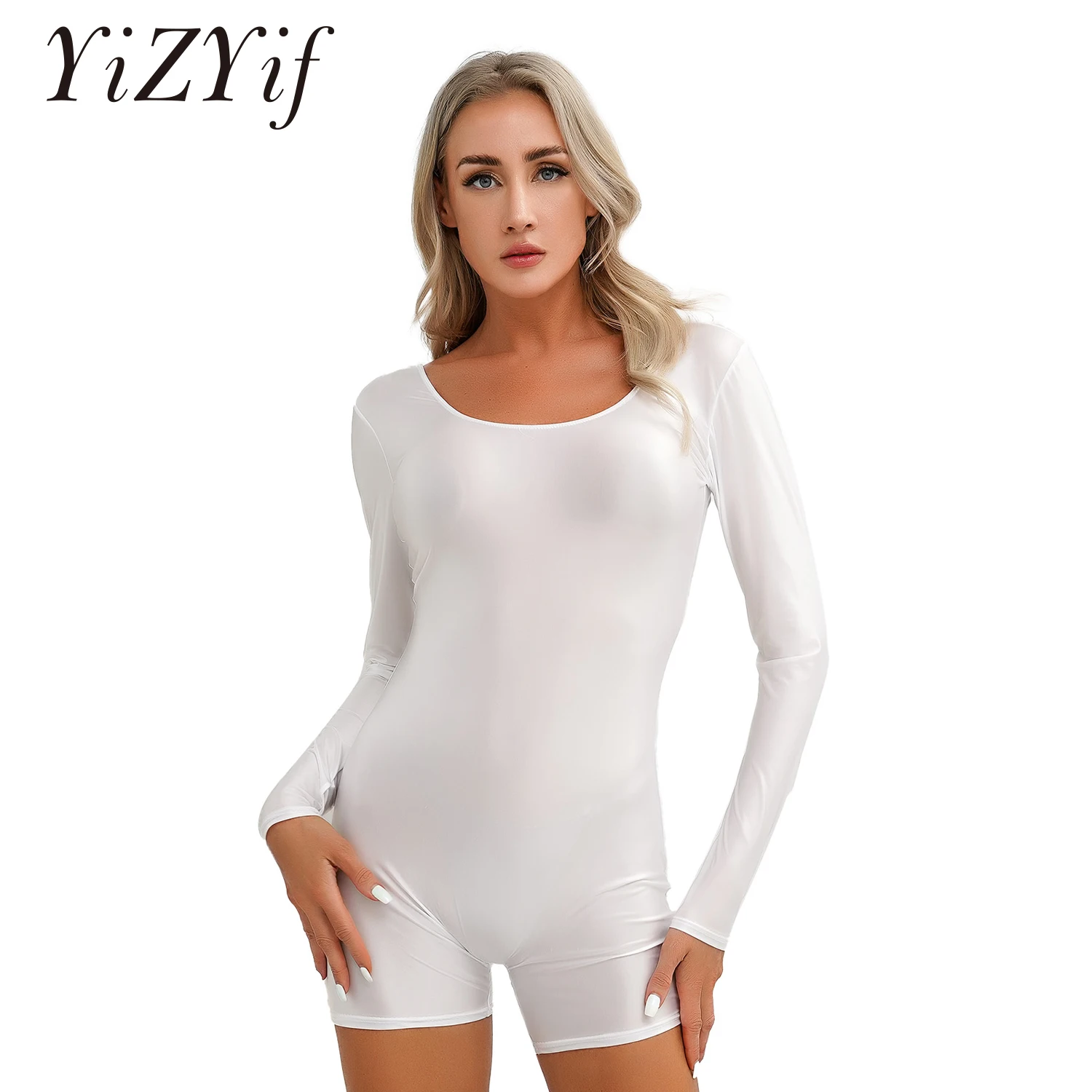 YiZYiF Womens Full Body Length Yoga Bodysuit Glossy Long Sleeve Jumpsuit  for Gym Workout