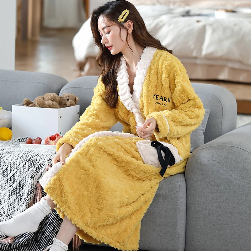 Kimono Cute Winter Warm Robes For Women Flannce Kawaii Sleepwear Fashion Sexy Nightwear Plus Size Long Bathrobe Girl Home servic