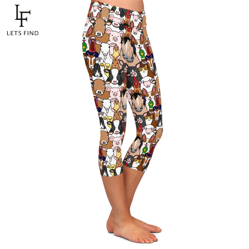 LETSFIND High Elastic Women Capri Leggings Seamless Cartoon Farm Animals Print High Waist  Casual Mid-Calf Pants