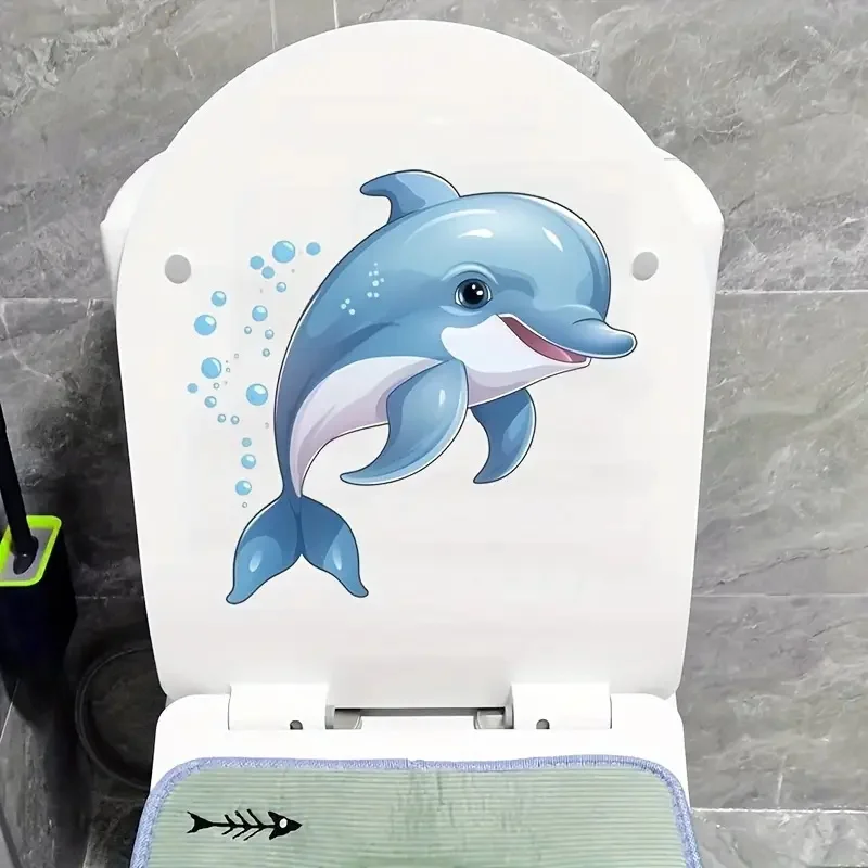 Blue Dolphin Self-Adhesive Removable Reusable PVC Wall Decal for Toilet Lid Bathroom Decor