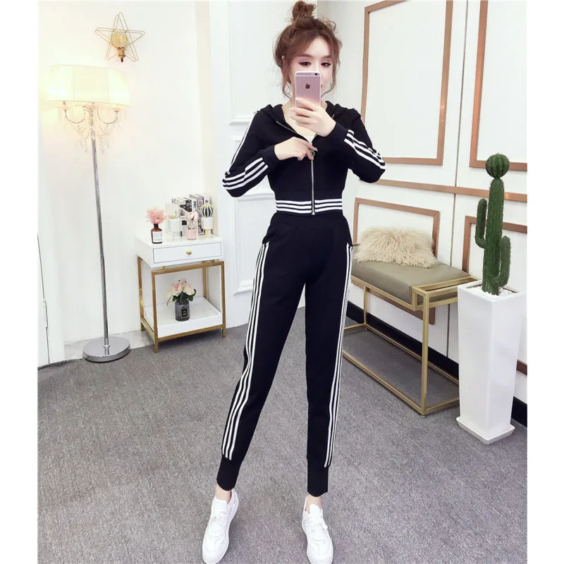 2022 Spring Autumn New Women's Tracksuit Korean Cute Student Slim Sweat  Suit Fashion Hooded Crop Tops Pants Two Piece Set Female