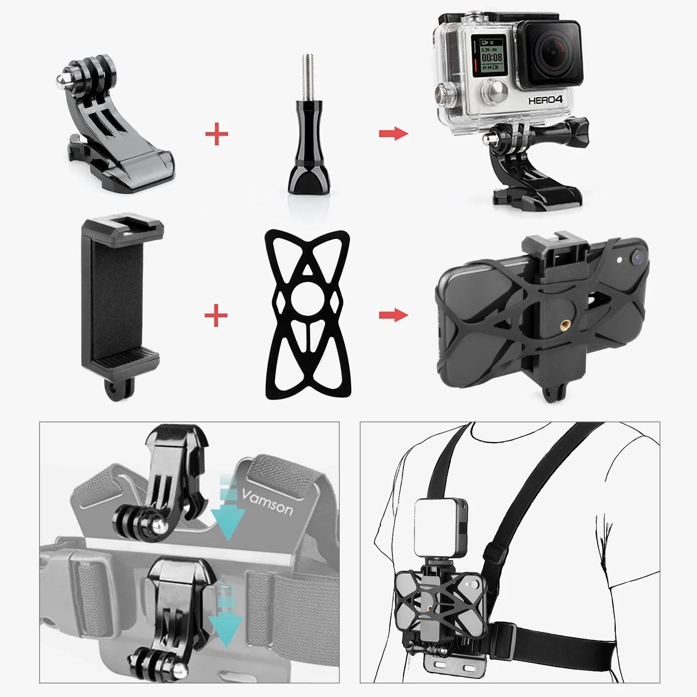 Action Camera Accessory Action Camera Holder Action Camera Mount Vamson Chest Strap Belt Body Harness Phone Clip Mount For iPhone 13 14 Samsung Huawei Insta360 Gopro Hero 11 10 9 8 7