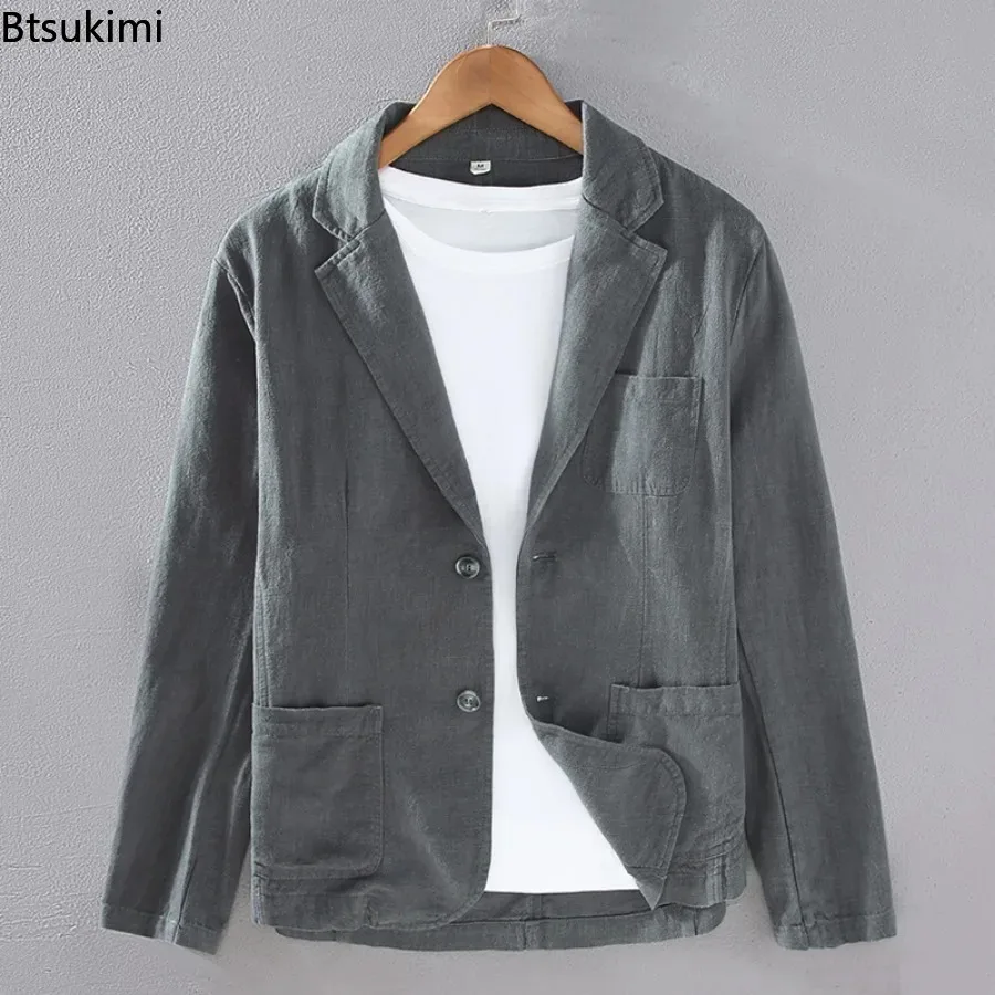 Men's Blazer Jacket Fashion Solid Slim Casual Business Breathable Suit Coats Cotton Linen Thin Suit High Quality Men Clothing - 3