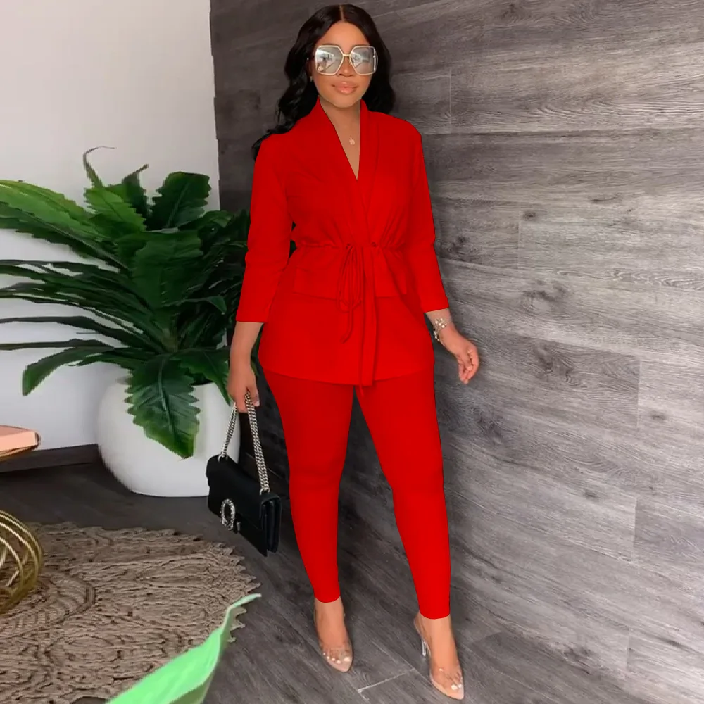 Autumn Casual Two Piece Set African Women Fashion Solid  V-Neck Lace-up Shirt Tight Pants Two-piece Suit Women