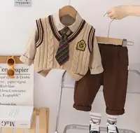 3PCS Boys Sweater Sets Spring Autumn Kids V-neck Preppy Knitted Vest+T-shirts+Pants Casual Toddler Outfits Infant Baby Clothing 1