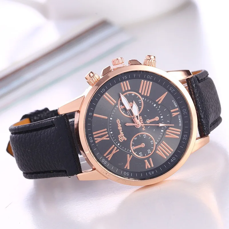 Elegant Rose Gold Fashion Watch for Women - Genuine Leather  Strap  Quartz  Analog  Wristwatch  with  Crystal  Markers