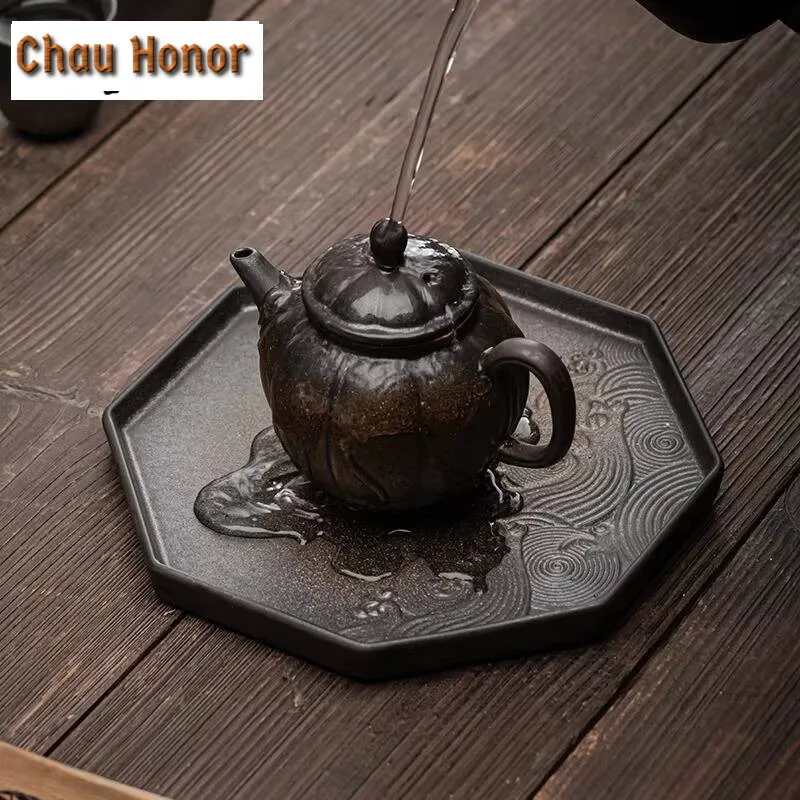 Japanese Gilding Iron Glaze Bamboo Tea Tray Ceramic Pot Pot Holder Support Tea Table Small Tea Tray Fruit Tray Tea Cake Tray