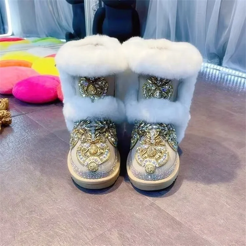 

Зимние кашемировые теплые ботинки ручной работы, ботинки из лисьего меха со стразами, модные женские меховые ботинки 35-44