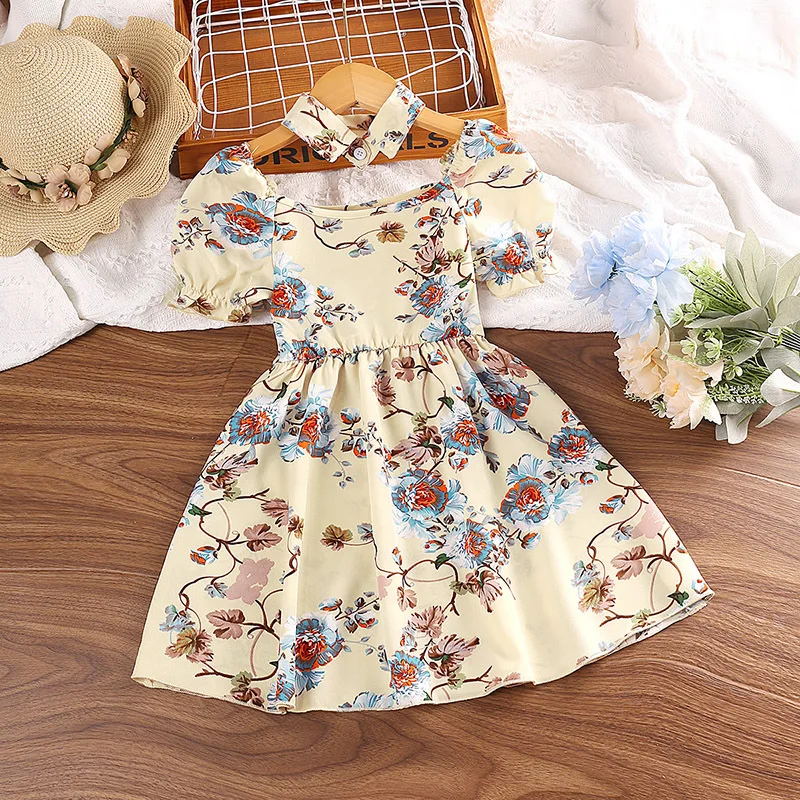 

Girls' Mid length Dress 2023 Summer New Children's Fragmented Square Neck Short Sleeve Girls' Princess Dress