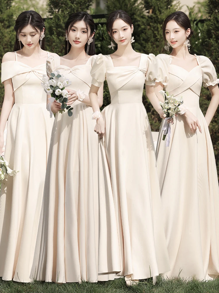 

Women Simple Champagne Satin Bridesmaid Dress Elegant Solid Short Sleeves Prom Evening Gown Fashion Slim Wedding Guest Dresses