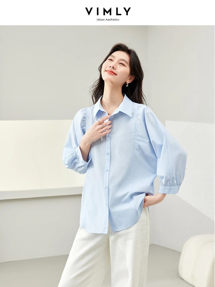 Vimly Blue Lapel Three Quarter Sleeve Casual Shirt 2024 Spring New Button Up Straight Simple Shirts & Blouses Women Tops 30116 vimly non wrinkle striped blazer for women 2023 autumn elegant single button three quarter sleeve casual short jacket workwear