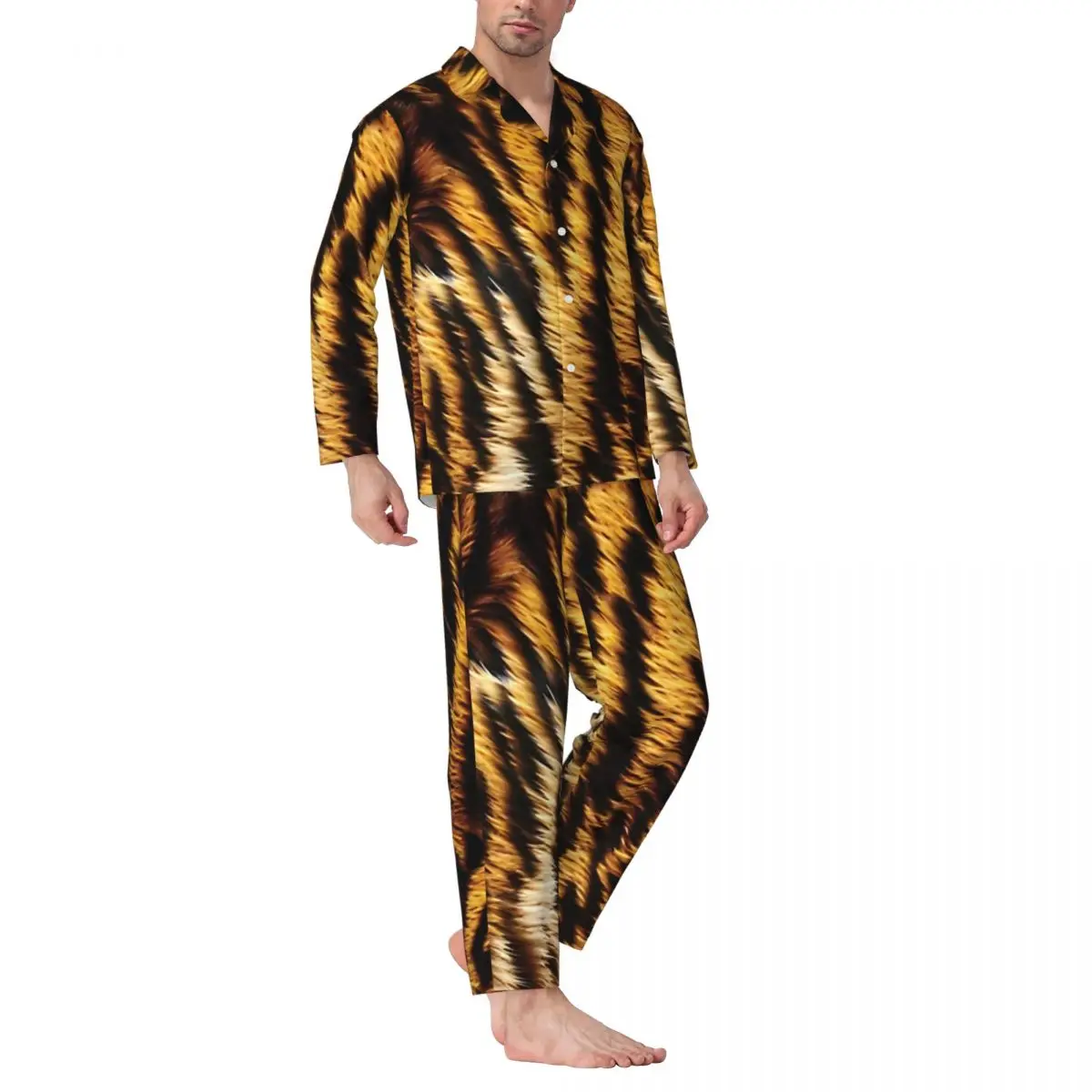 Tiger Print Pajamas Set Autumn Animal Face Comfortable Night Sleepwear Men 2 Piece Retro Oversize Design Nightwear Birthday Gift