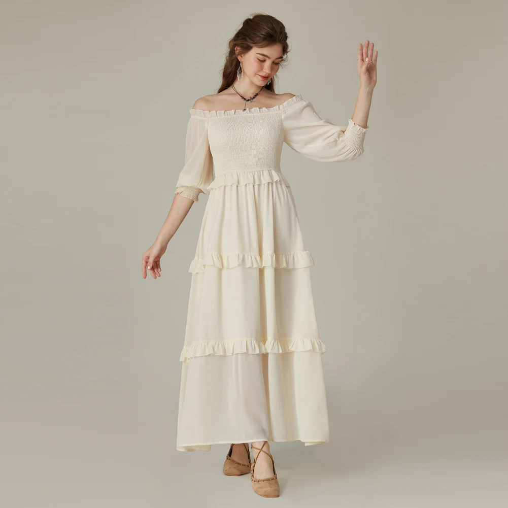 

SD Women Renaissance Tiered Maxi Dress Casual 3/4 Sleeve Off Shoulder =fashion Vintage Retro A-Line Dress Lady Elegant Gown