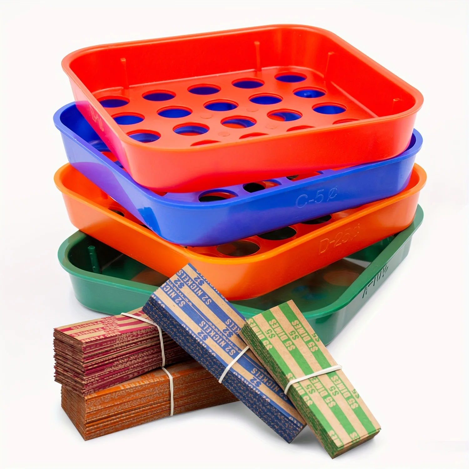 Coin Sorters Tray Coin Counters 4 Color-Coded Sorting Tray 100 Assorted Flat Roll Wrappers For US Coins