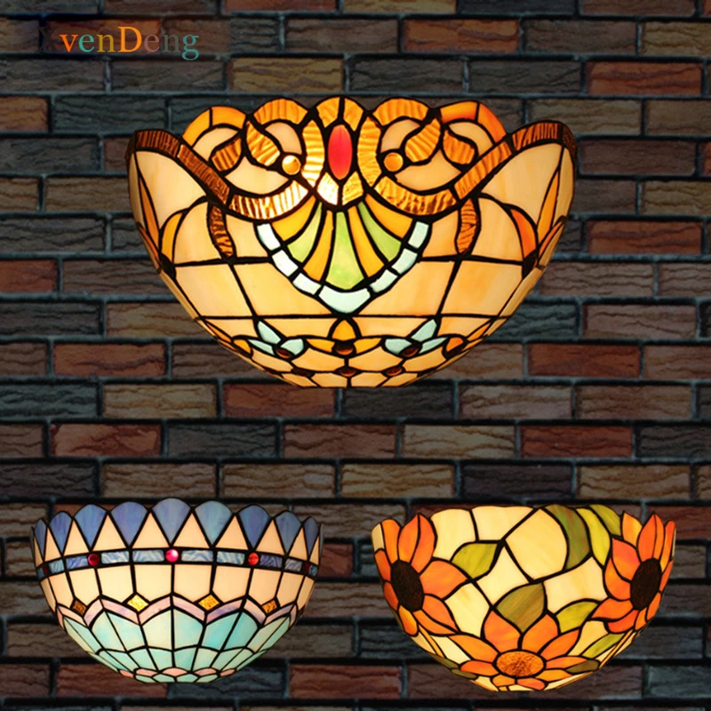 

Tiffany Stained Glass Wall Lamps Bedroom Bedside Lamp Mediterranean Living Room Balcony Staircase Aisle Baroque Retro LED Lights