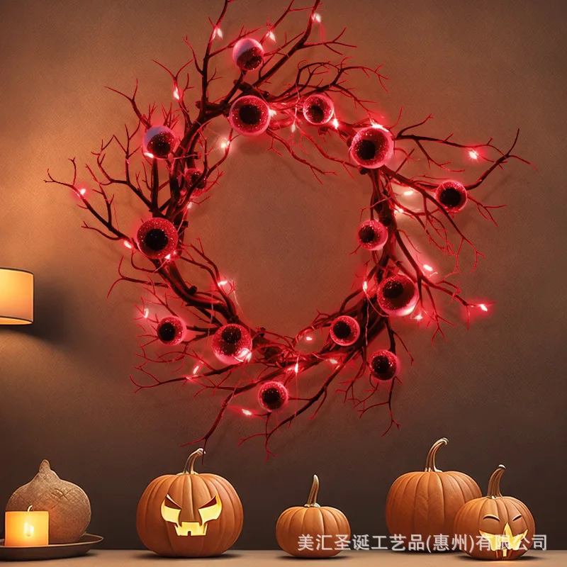 

Halloween Wreath Simulation Eyeball Branch Wreaths With Red LED Light 45CM Wreaths For Doors Flower Garland Halloween Decoration