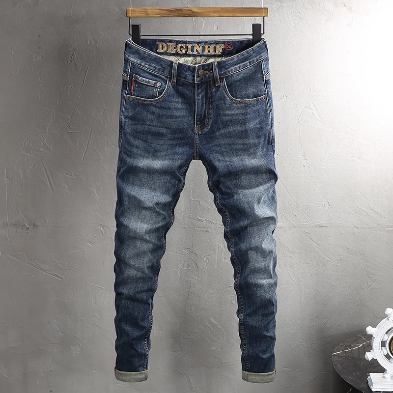 Newly Designer Fashion Men Jeans High Quality Retro Washed Blue Stretch Slim Fit Ripped Jeans Men Vintage Casual Denim Pants