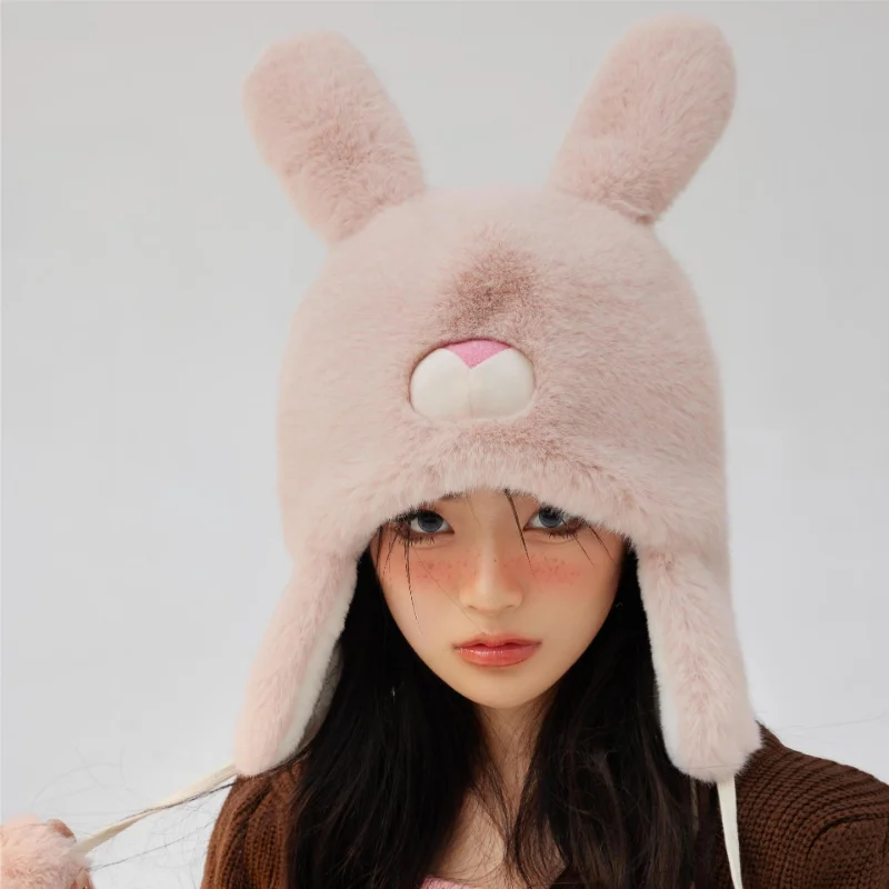 

Cute Stereo Rabbit Ears Beanies Women Itable Round Face Plush Warm Ear Protectors Bomber Hats Winter Party Sweet Headgear Hats