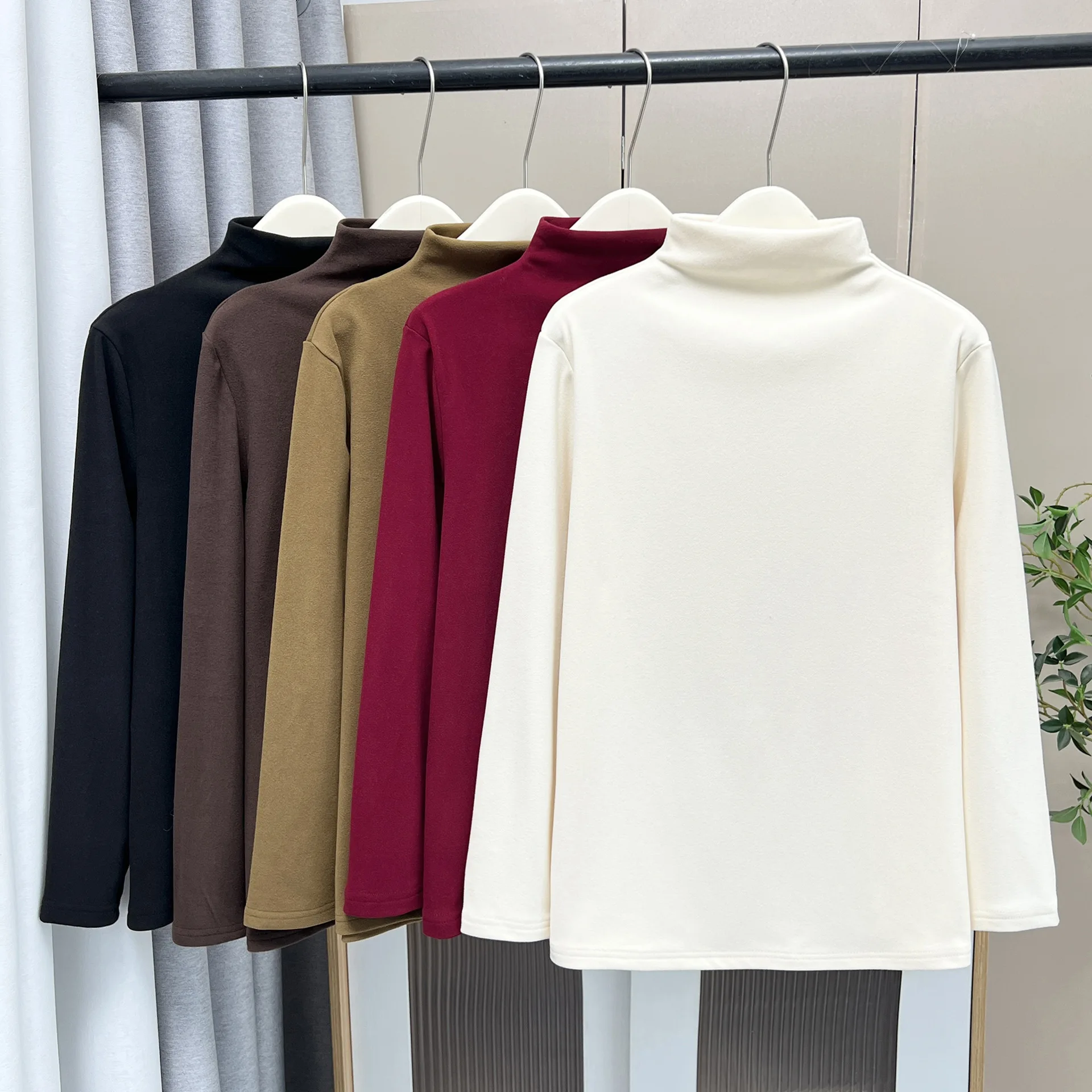 XXXXXL Fashion Plus Size Women's T-Shirt 2025 Autumn And Winter Basic Style Stand Collar DE Velvet Warm Long Sleeved Tops 050