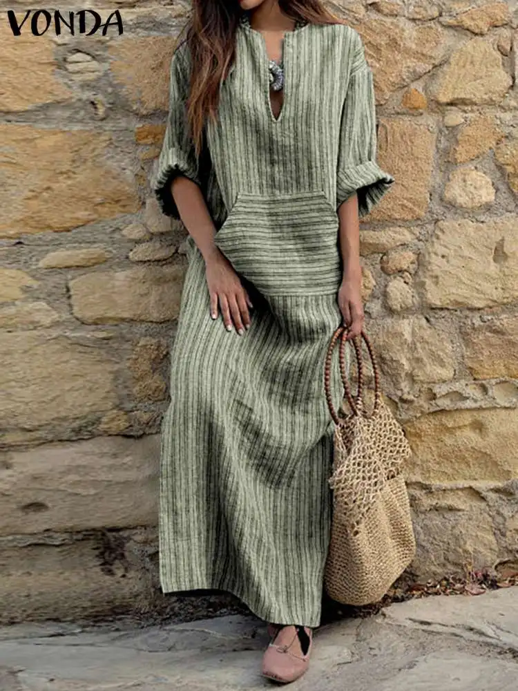 

VONDA Bohemian Striped Printed Women Maxi Dress 2023 Long Sleeve Casual Dresses Autumn Loose Vintage Holiday Party Robe Femme