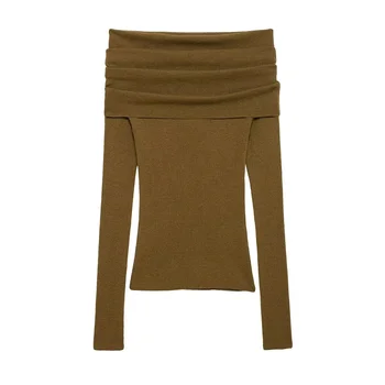 سترة محبوكة مكشوفة الكتفين بأكمام طويلة 9