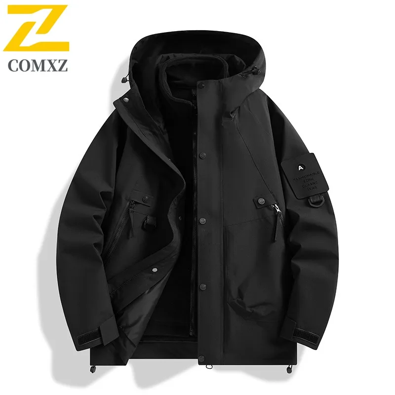 COMXZ Luxury Hooded Mens Jacket Hiking Travel Thickened Warm Motorcycle Jacket Classic Outdoor Cold Resistant Winter Clothing