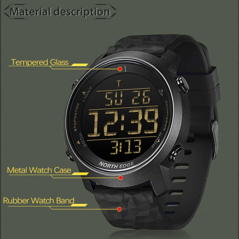 NORTH EDGE Outdoor Sports Watch For Men Digital Waterproof 50M Stopwatch Alarm Clock Metronome Countdown Men Watch Reloj Hombre