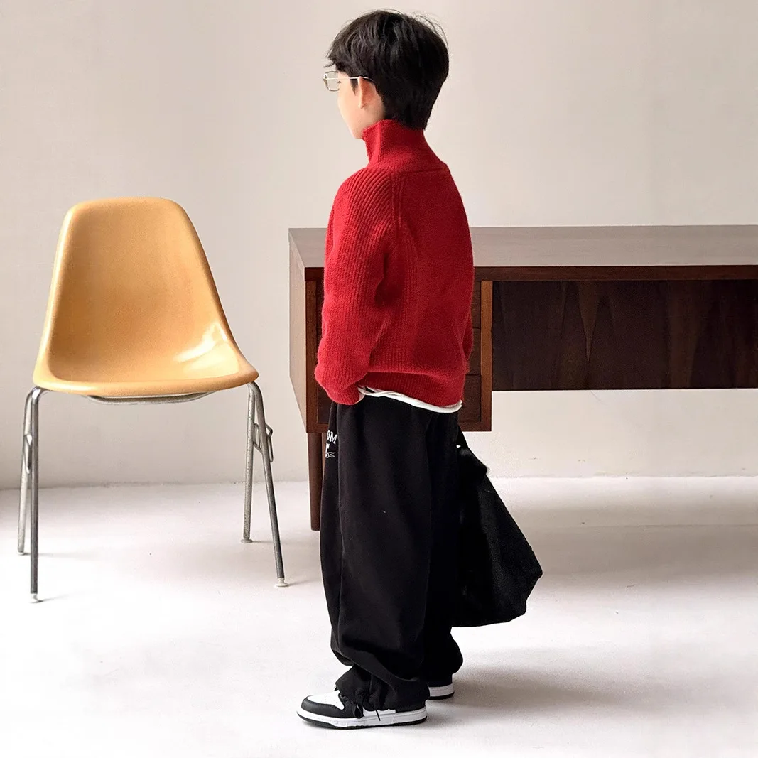 어린이 의류 남아 스웨터 코트 2025 가을 겨울 신상 한국 스타일 레드 스타일리시 니트 가디건 여아 스웨터