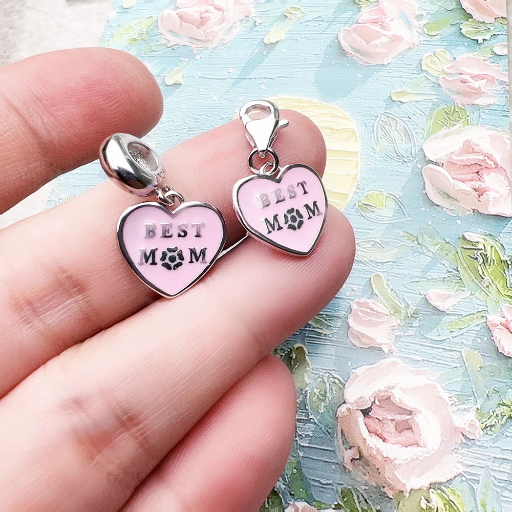 Pink Heart with Best Mom 925 Sterling Silver Dangle Charm