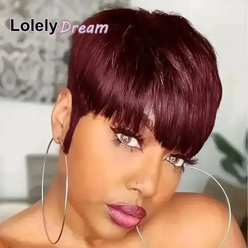 Lolely Dream Straight Remy Human Hair Wigs For Women Full Machine Made Burgundy 99J Color Short Bob Pixie Cut Wig With Bangs