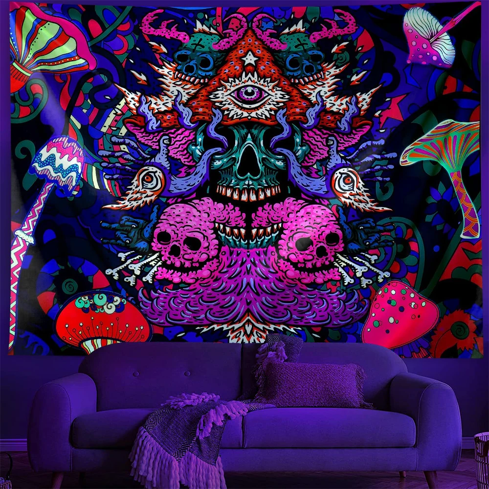 

Blacklight Skull Tapestry Hippie Aesthetic Backdrop UV Reactive Abstract Colorful Mushroom Eyes Art Tapestries Home Decor