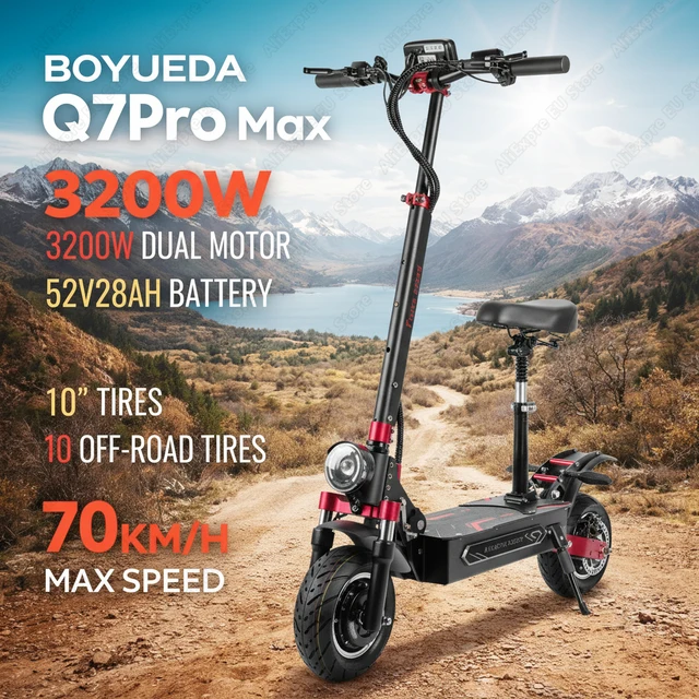 Trottinette électrique BOYUEDA Q7Pro Max, 3200W, double moteur, batterie 52V28AH, contrôle par application activé par NFC, pneus silencieux 1