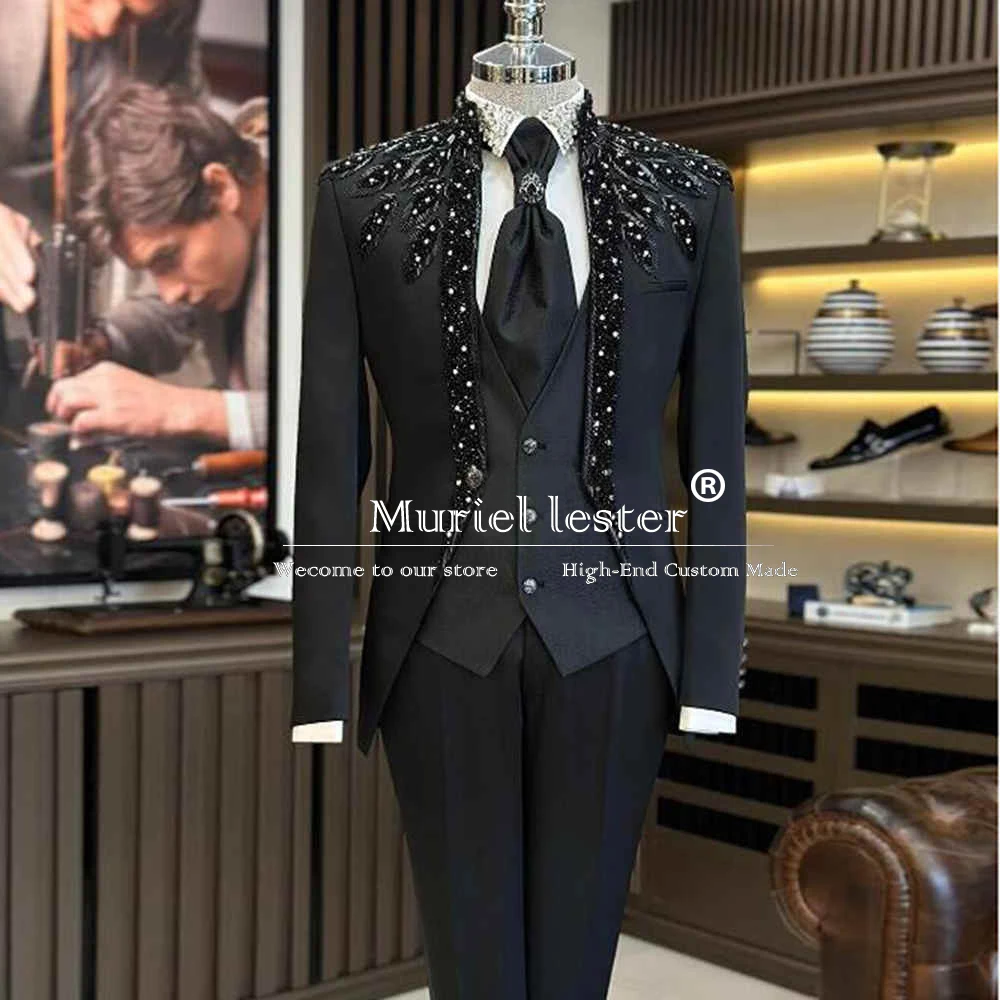 

Luxury Black Groom Wedding Suits Slim Fit Crystals Beading Lapel Jacket Vest Pants 3 Pieces Men's Tuxedos Costume Homme Elegance