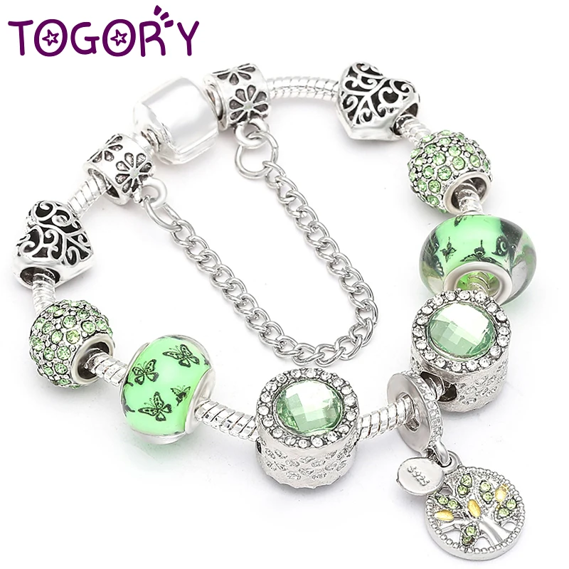 

TOGORY New Fashion Life Of Tree Crystal Charm Bracelet Fit Green Color Snake Chain Brand Bracelets & Bangles for Women Jewelry