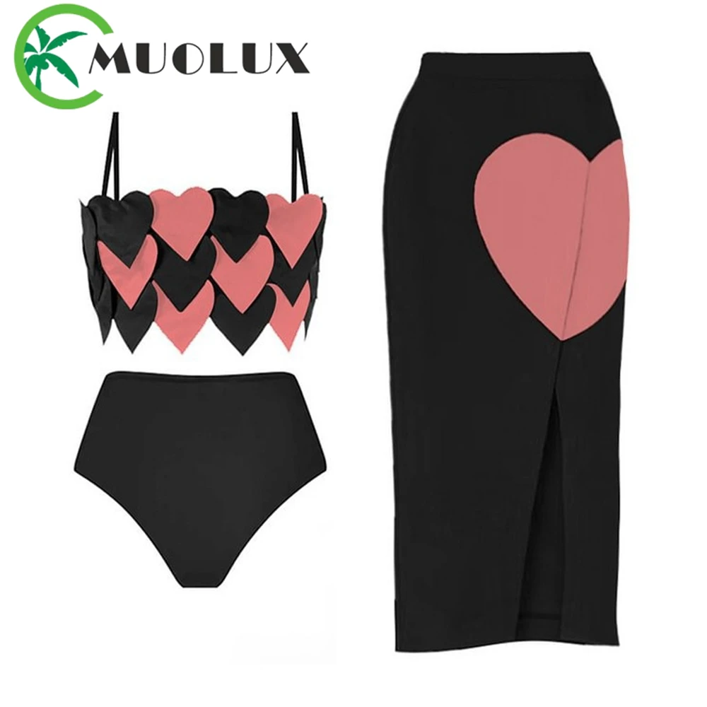 

MUOLUX 2023 New Sexy 3D Flower High Waist Bikini Set Swimwear Women 3 Piece Swimsuit Skirt Brazilian Biquini Bathing Suit Dress