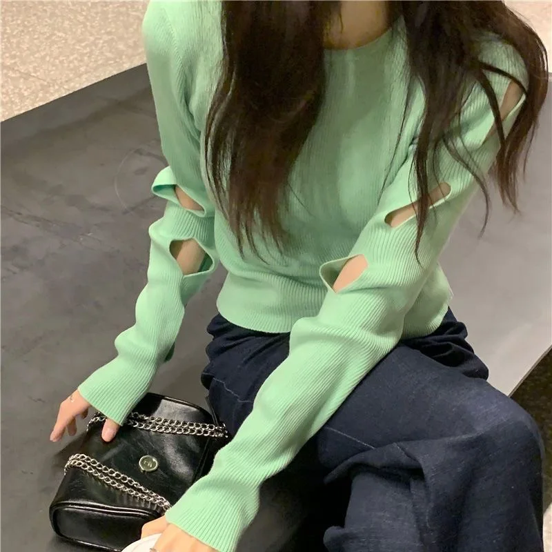 

Knitted Sweater Women's 2022 Autumn New Broken Long Sleeve Top Korean Solid Fashion Slim Knit Bottoming Pullover
