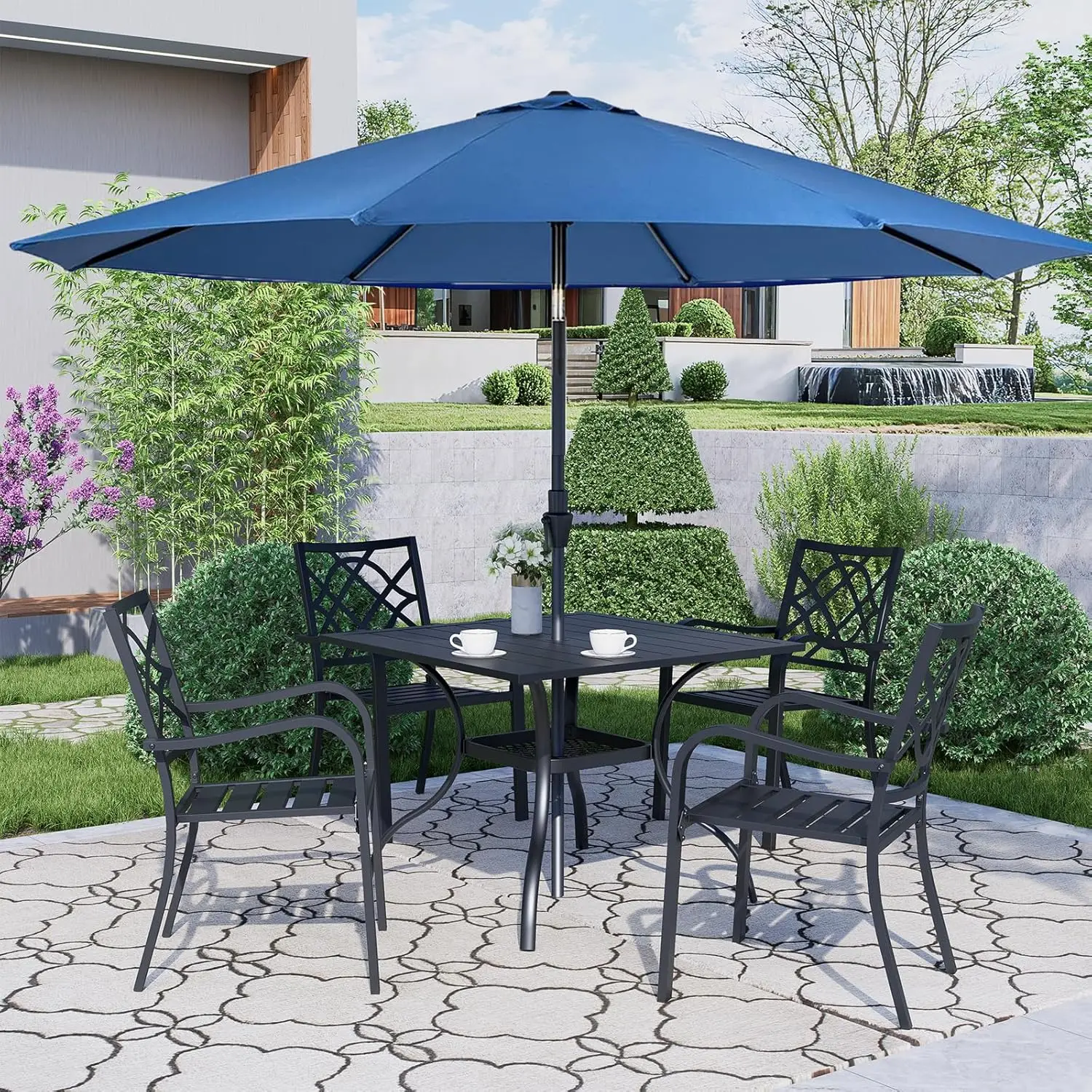 7-Piece Patio Dining Set with Dark Blue Umbrella, Outdoor Metal Furniture Dining Table Set 6 Stackable Patio Dining Chairs