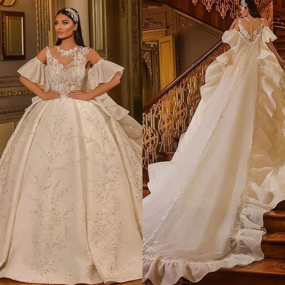 

Gorgeous Ball Gown Wedding Dress For Women Sequins Appliques Bridal Gown O-Neck Court Train Skirt Sleeveless Dresses With Jacket