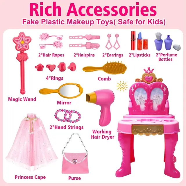 Magic Makeup Vanity Table & Chair Set for Girls with Light & Music, Pretend Play Toy