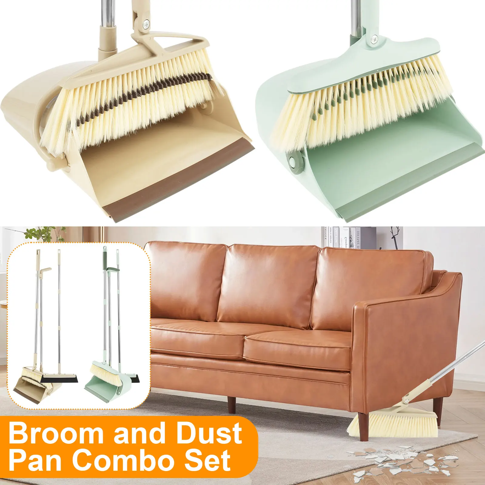 

NEW Broom Dustpan Squeegee Set with Long Handle Dustpan and Broom Set with Comb Teeth Upright Standing Dustpan and Broom Combo