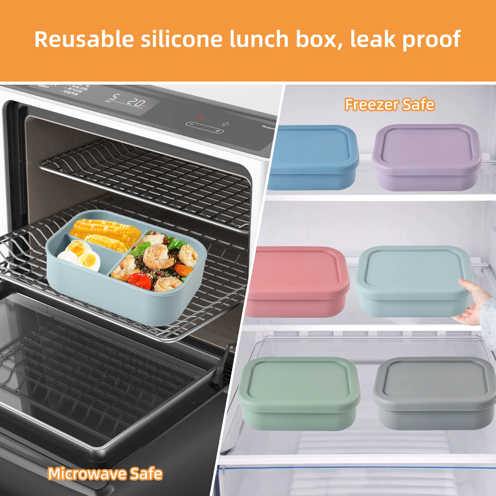 1PC square silicone three in one bento box for home and outdoor use insulated rice bowls food grade silicone bento box