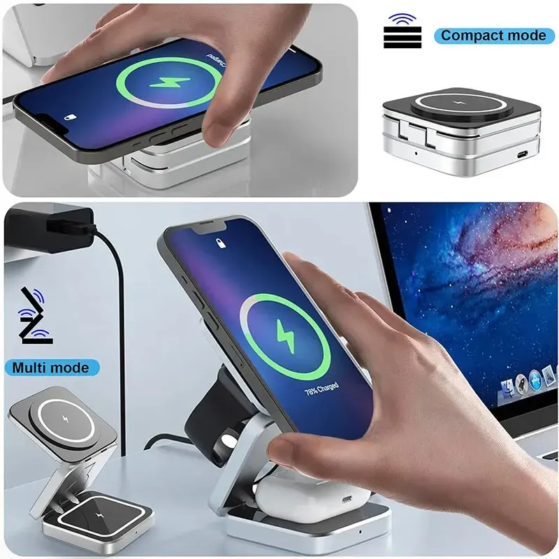 Magnetic Wireless Charger 3 in 1 Stand Pad For iPhone 15 14 13 12 Pro Max IWatch 8 7 6 5 Airprods Macsafe Fast Charging Station