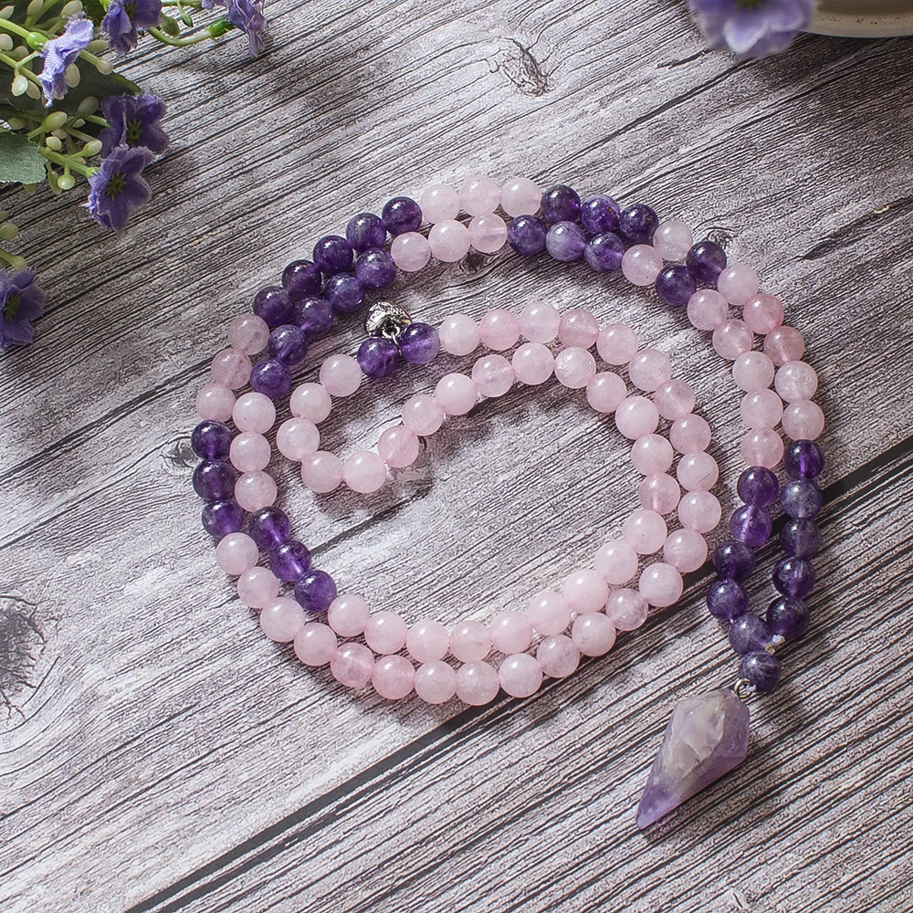 8mm Amethyst Rose Quartz Beads 108 Mala Necklace Meditation Yoga Prayer Jewelry Japamala Set with Pendant for Women