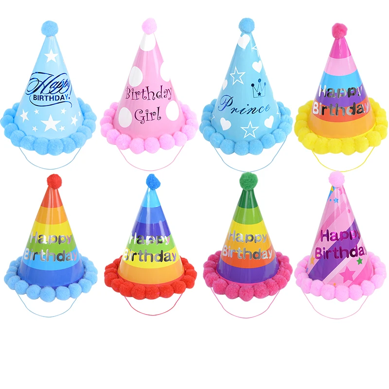 

3/5Pcs Assorted Colors Kids Adults Birthday Party Hats Rainbow Birthday Cone Hats Boys Girls Blue Pink Birthday Pompon Paper Cap
