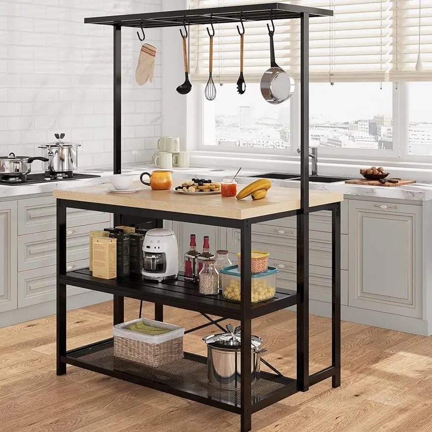 

Kitchen Island with Storage, Bakers Rack with Power Outlet, Island Table for Kitchen,3 Tier Microwave Stand Oven Shelf