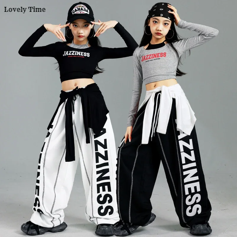 Girls K-pop Crop Top Cool Letters Sport Joggers Pants Girl Group Clothes Sets Children Hip Hop Streetwear Kids  Jazz Costumes 3