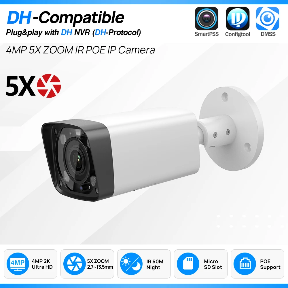 IP Camera 4MP Bullet PoE IR 60M 5X Optical Zoom SD Card IP67 Video Surveillance
